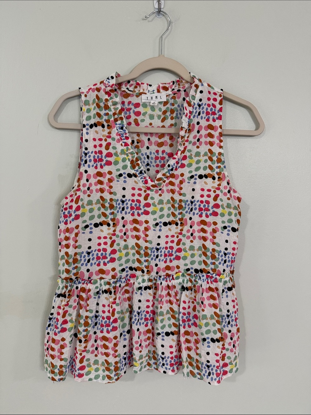 THML Multicolor Dot V-Neck Peplum Camisole